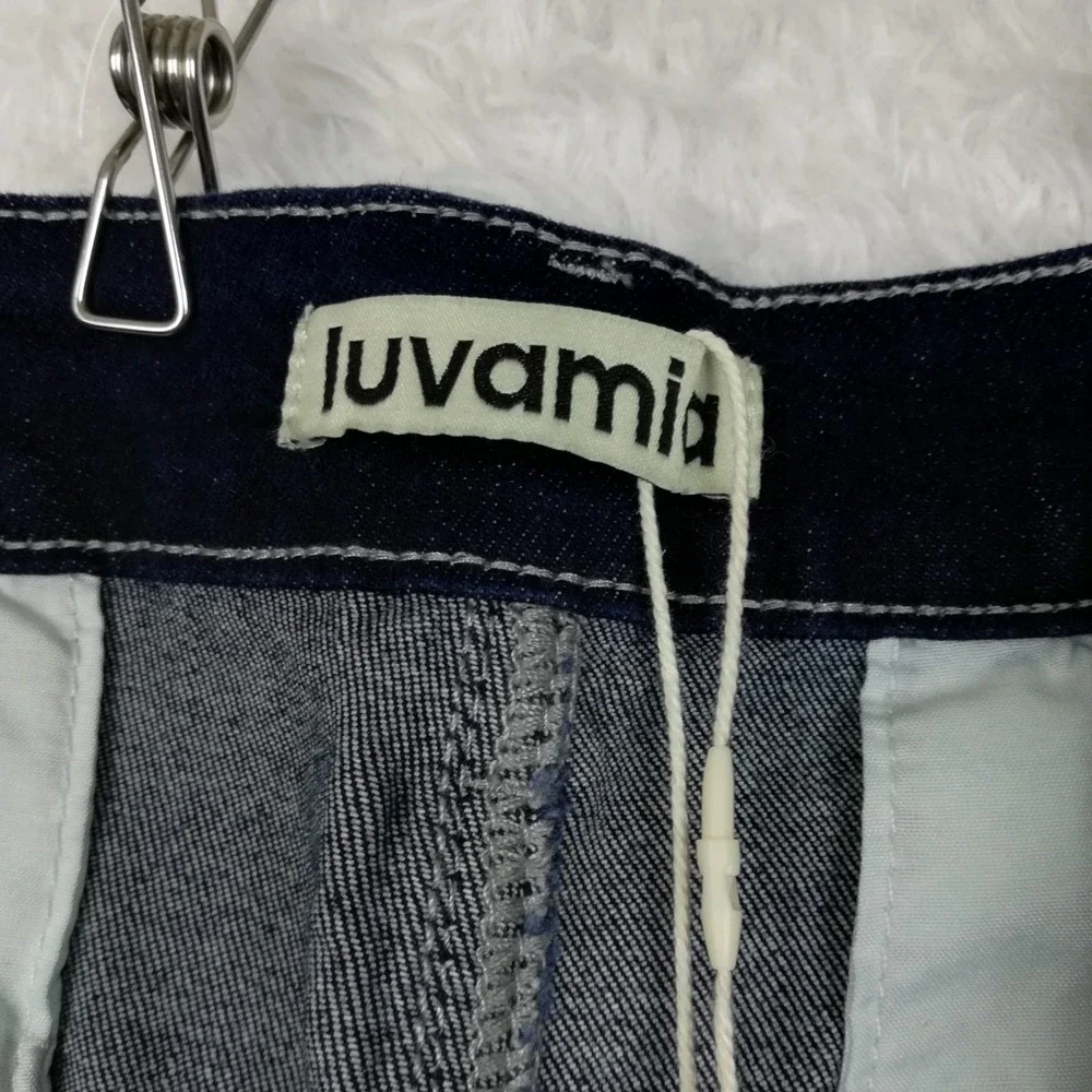 Luvamia Womens Jeans Cropped Blue Denim Dark Wash High Rise XL New